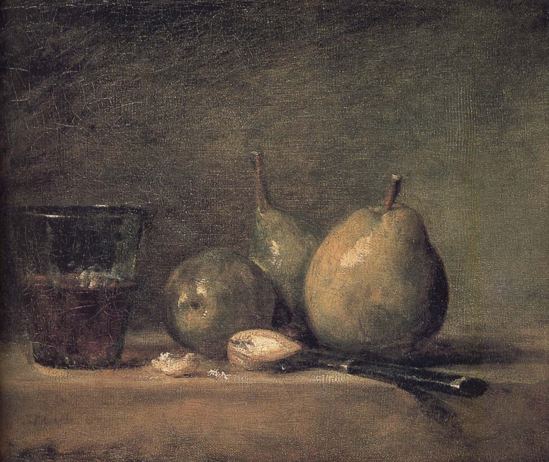 Jean Baptiste Simeon Chardin Sheng three pears walnut wine glass and a knife
